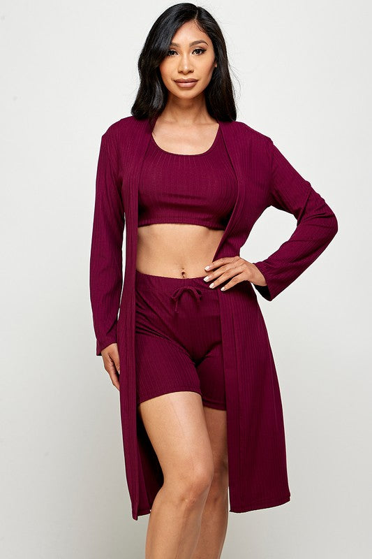three piece solid cardigan short set