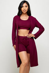 three piece solid cardigan short set