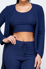 three piece solid cardigan short set