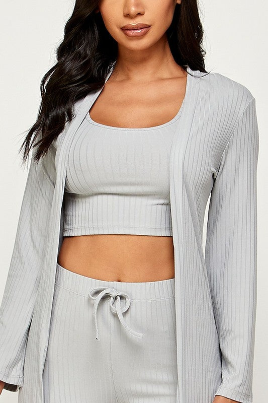 three piece solid cardigan short set