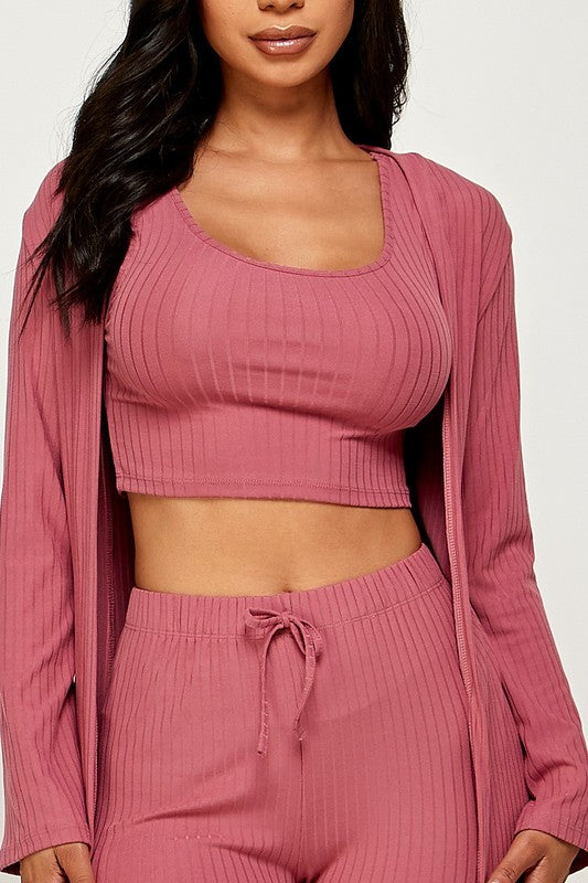 three piece solid cardigan short set