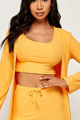 three piece solid cardigan short set