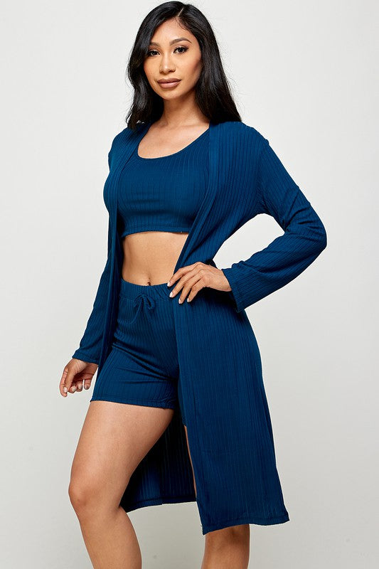 three piece solid cardigan short set