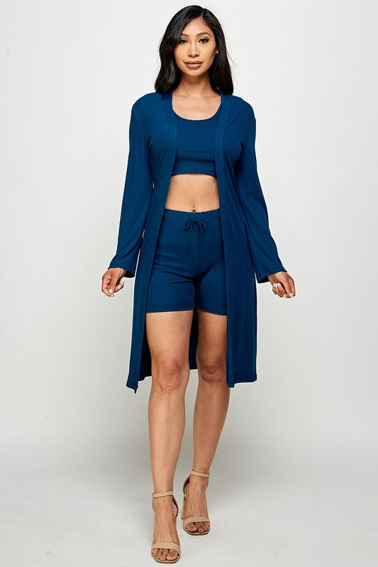 three piece solid cardigan short set