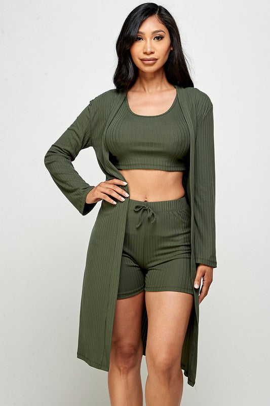 three piece solid cardigan short set