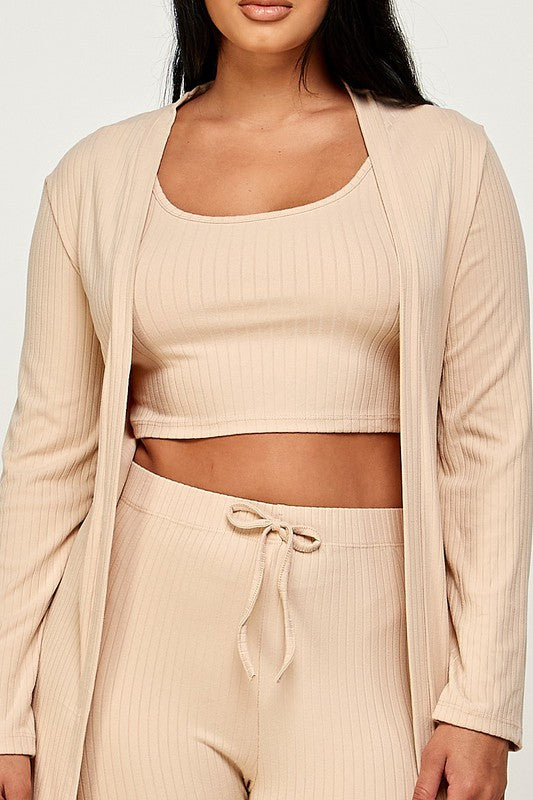 three piece solid cardigan short set