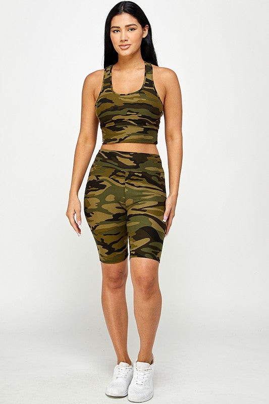 CAMO PADDED BRA CROP TANK TOP WITH BIKER SHORT SET
