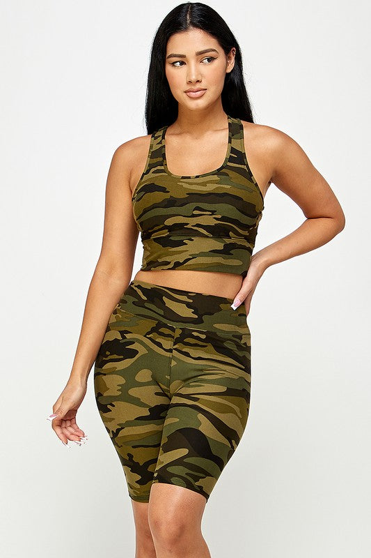 CAMO PADDED BRA CROP TANK TOP WITH BIKER SHORT SET