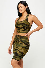 CAMO PADDED BRA CROP TANK TOP WITH BIKER SHORT SET