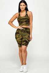 CAMO PADDED BRA CROP TANK TOP WITH BIKER SHORT SET
