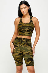 CAMO PADDED BRA CROP TANK TOP WITH BIKER SHORT SET