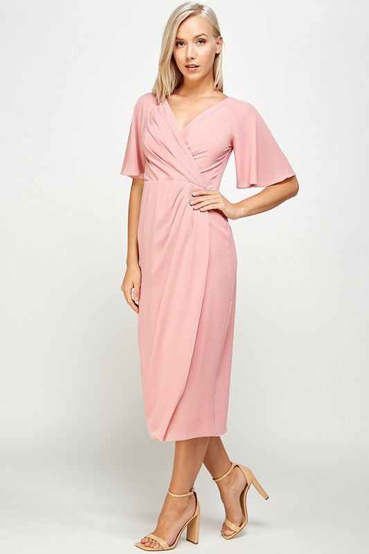 SHORT FLUTTER SLEEVE WRAP STYLE MIDI PLEATED DRESS