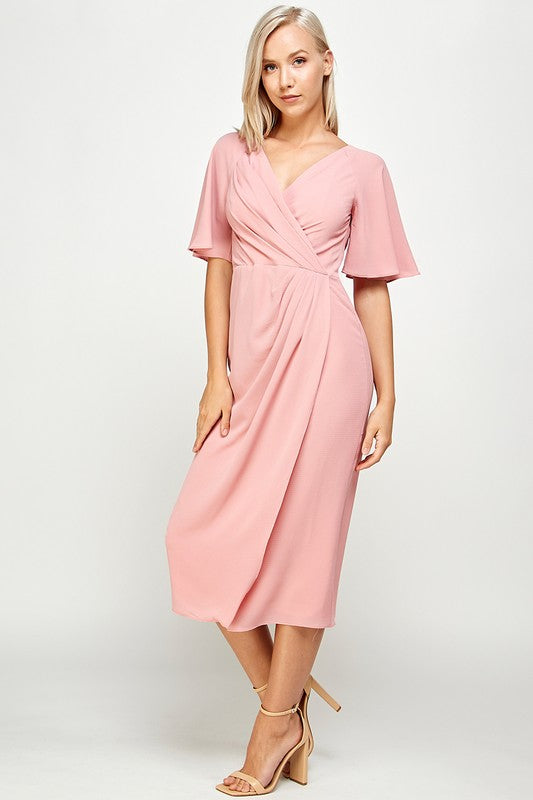 SHORT FLUTTER SLEEVE WRAP STYLE MIDI PLEATED DRESS