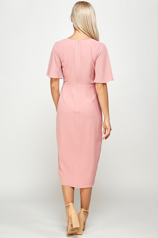 SHORT FLUTTER SLEEVE WRAP STYLE MIDI PLEATED DRESS