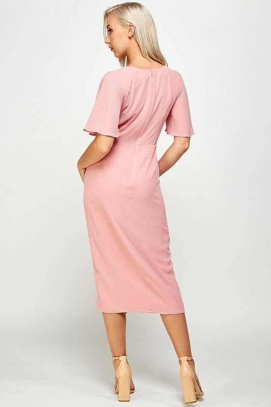 SHORT FLUTTER SLEEVE WRAP STYLE MIDI PLEATED DRESS