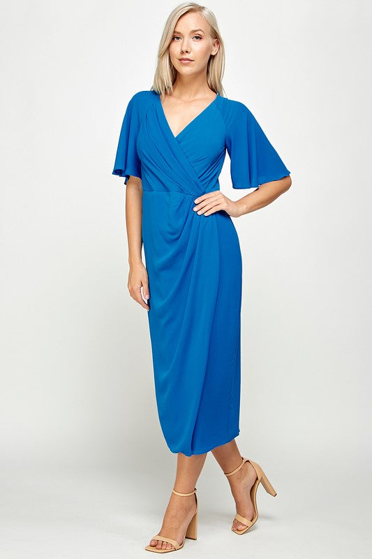 SHORT FLUTTER SLEEVE WRAP STYLE MIDI PLEATED DRESS