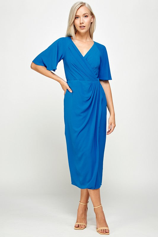 SHORT FLUTTER SLEEVE WRAP STYLE MIDI PLEATED DRESS