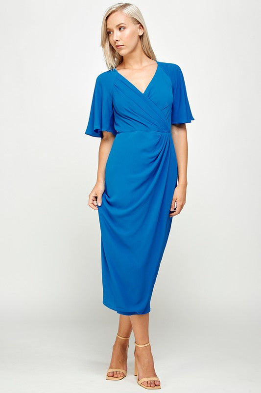 SHORT FLUTTER SLEEVE WRAP STYLE MIDI PLEATED DRESS