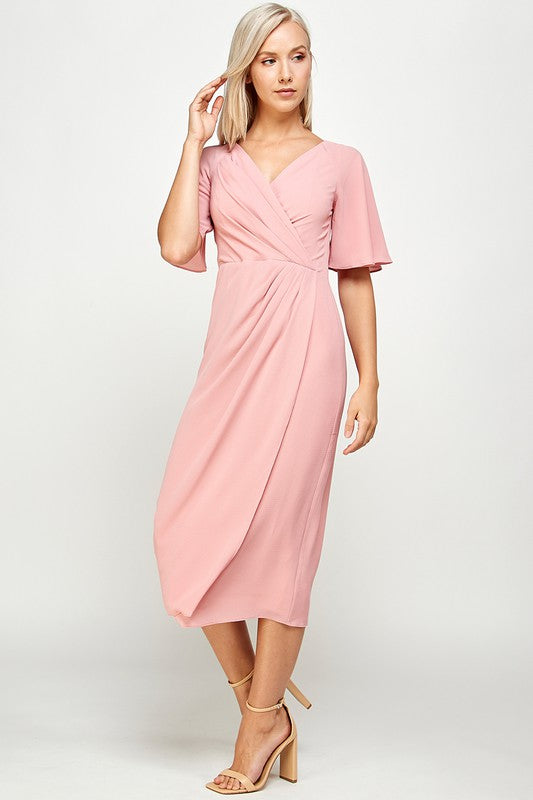 SHORT FLUTTER SLEEVE WRAP STYLE MIDI PLEATED DRESS