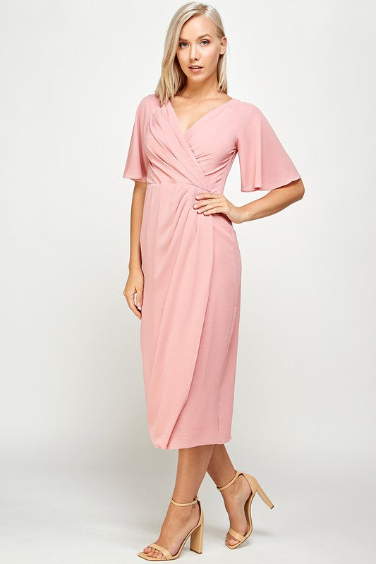 SHORT FLUTTER SLEEVE WRAP STYLE MIDI PLEATED DRESS