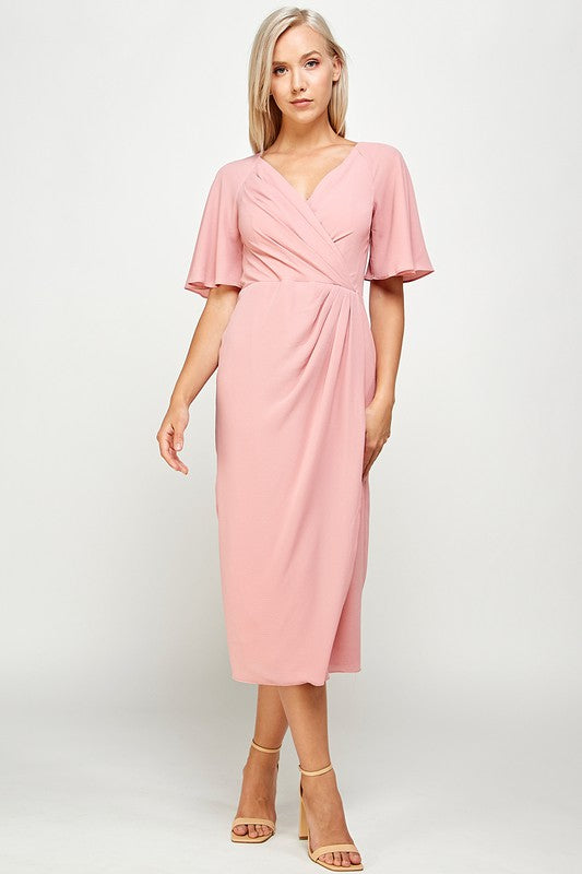 SHORT FLUTTER SLEEVE WRAP STYLE MIDI PLEATED DRESS