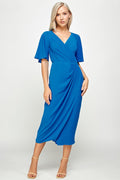 Thumbnail of SHORT FLUTTER SLEEVE WRAP STYLE MIDI PLEATED DRESS