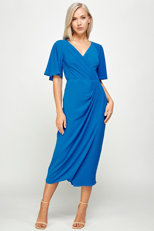 SHORT FLUTTER SLEEVE WRAP STYLE MIDI PLEATED DRESS