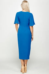 SHORT FLUTTER SLEEVE WRAP STYLE MIDI PLEATED DRESS