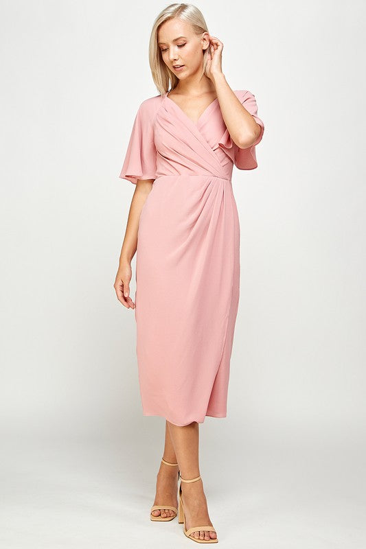 SHORT FLUTTER SLEEVE WRAP STYLE MIDI PLEATED DRESS