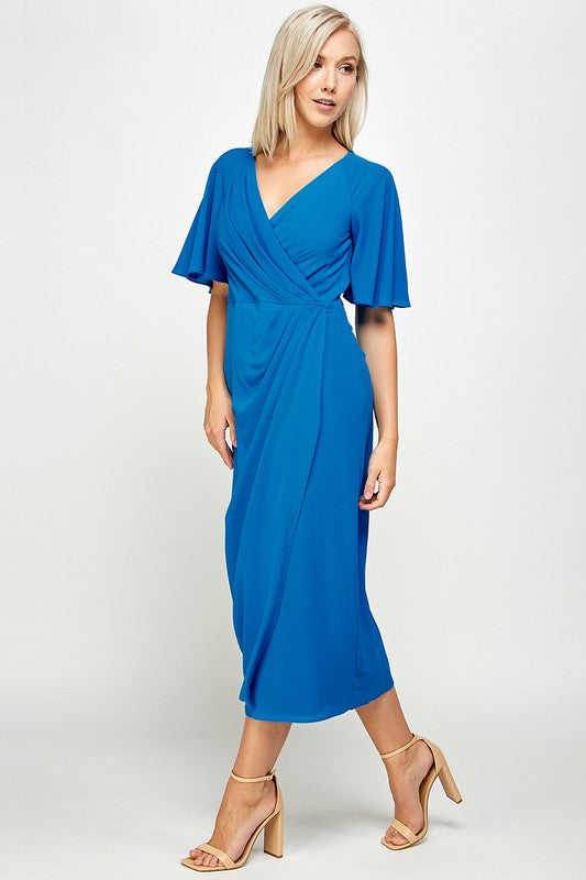 SHORT FLUTTER SLEEVE WRAP STYLE MIDI PLEATED DRESS