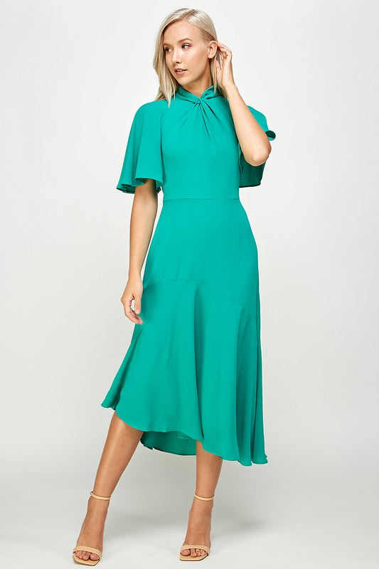 Tie Mock Neck Stretch Cap Sleeve Sheath Midi Dress