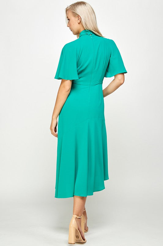 Tie Mock Neck Stretch Cap Sleeve Sheath Midi Dress