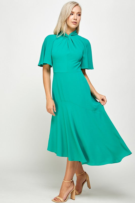 Tie Mock Neck Stretch Cap Sleeve Sheath Midi Dress