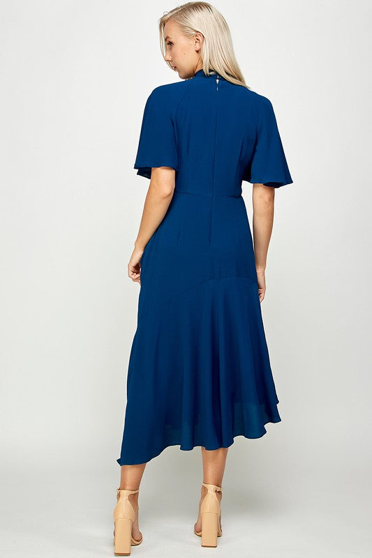 Tie Mock Neck Stretch Cap Sleeve Sheath Midi Dress