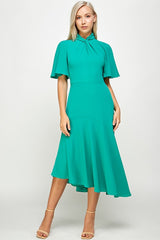 Tie Mock Neck Cap Sleeve Sheath Midi Dress