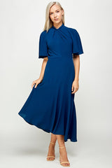 Tie Mock Neck Cap Sleeve Sheath Midi Dress