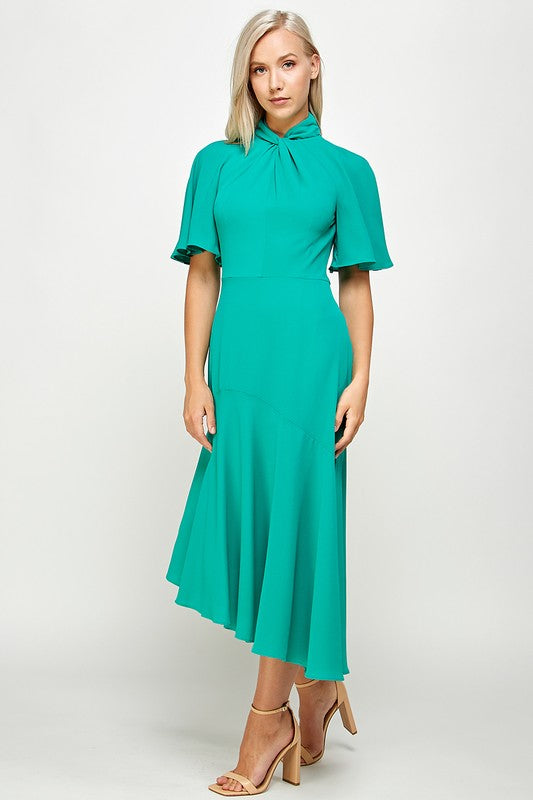 Tie Mock Neck Cap Sleeve Sheath Midi Dress
