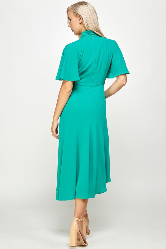 Tie Mock Neck Cap Sleeve Sheath Midi Dress
