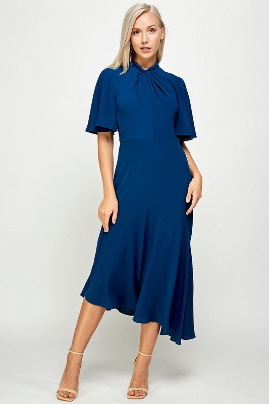 Tie Mock Neck Cap Sleeve Sheath Midi Dress