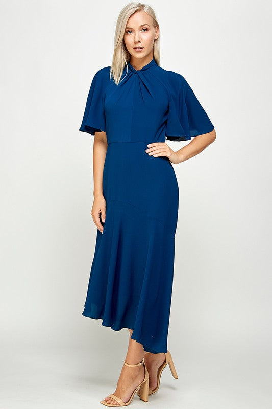 Tie Mock Neck Cap Sleeve Sheath Midi Dress