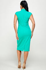 Tie Mock Neck Cap Sleeve Sheath Midi Dress