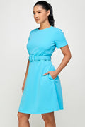 Thumbnail of Boat Neck Short Sleeve Belted Fit and Flare Dress