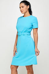 Boat Neck Short Sleeve Belted Fit and Flare Dress