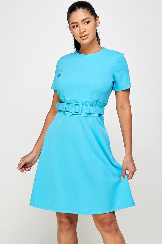 Boat Neck Short Sleeve Belted Fit and Flare Dress