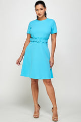 Boat Neck Short Sleeve Belted Fit and Flare Dress
