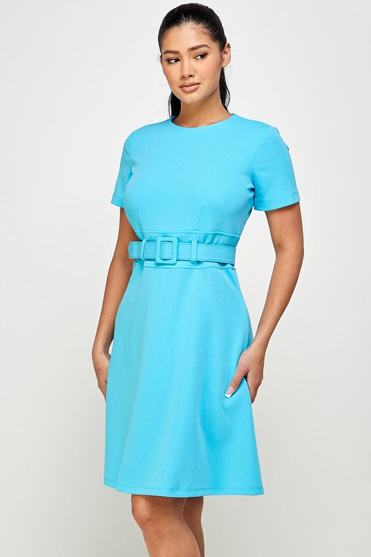 Boat Neck Short Sleeve Belted Fit and Flare Dress
