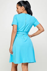 Boat Neck Short Sleeve Belted Fit and Flare Dress
