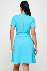 Boat Neck Short Sleeve Belted Fit and Flare Dress