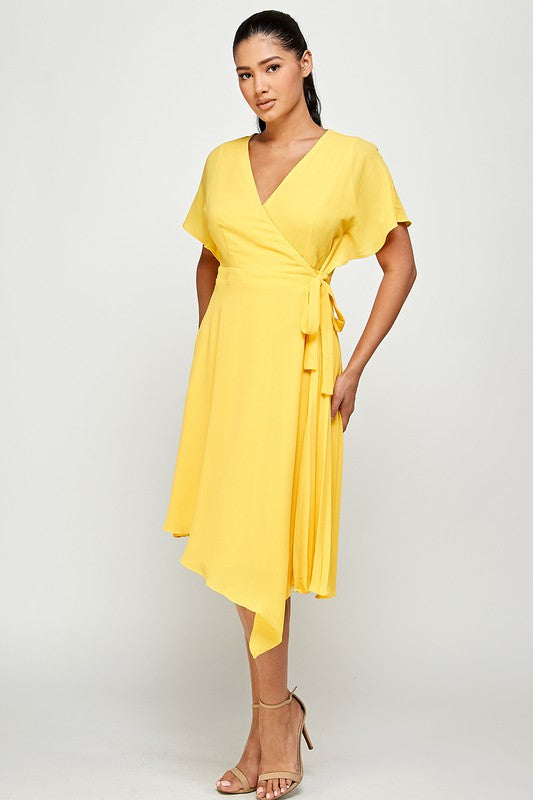 Crepe Short Sleeve  Mock Neck Midi Stretch Dress