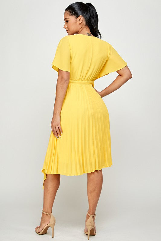 Crepe Short Sleeve  Mock Neck Midi Stretch Dress
